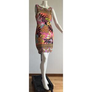 CACHE Y2K Bright Floral Sheath Dress Pink Retro Mod Bodycon Size 10